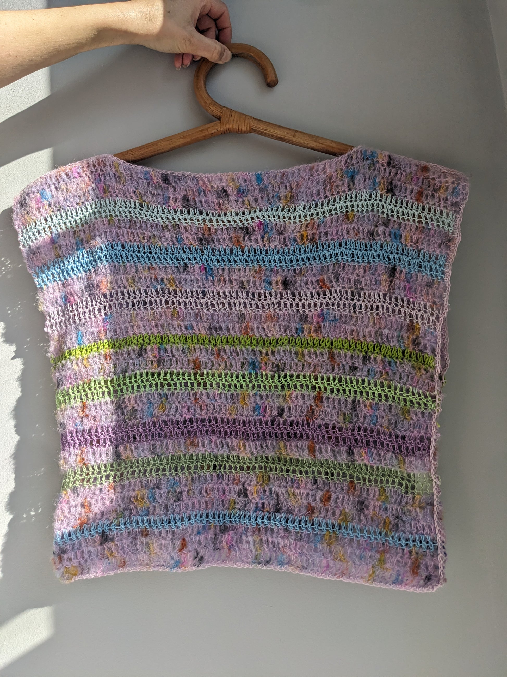 Front of the lilac cloud top, a breezy and  soft top handmade with alpaca, silk and cotton yarns.
