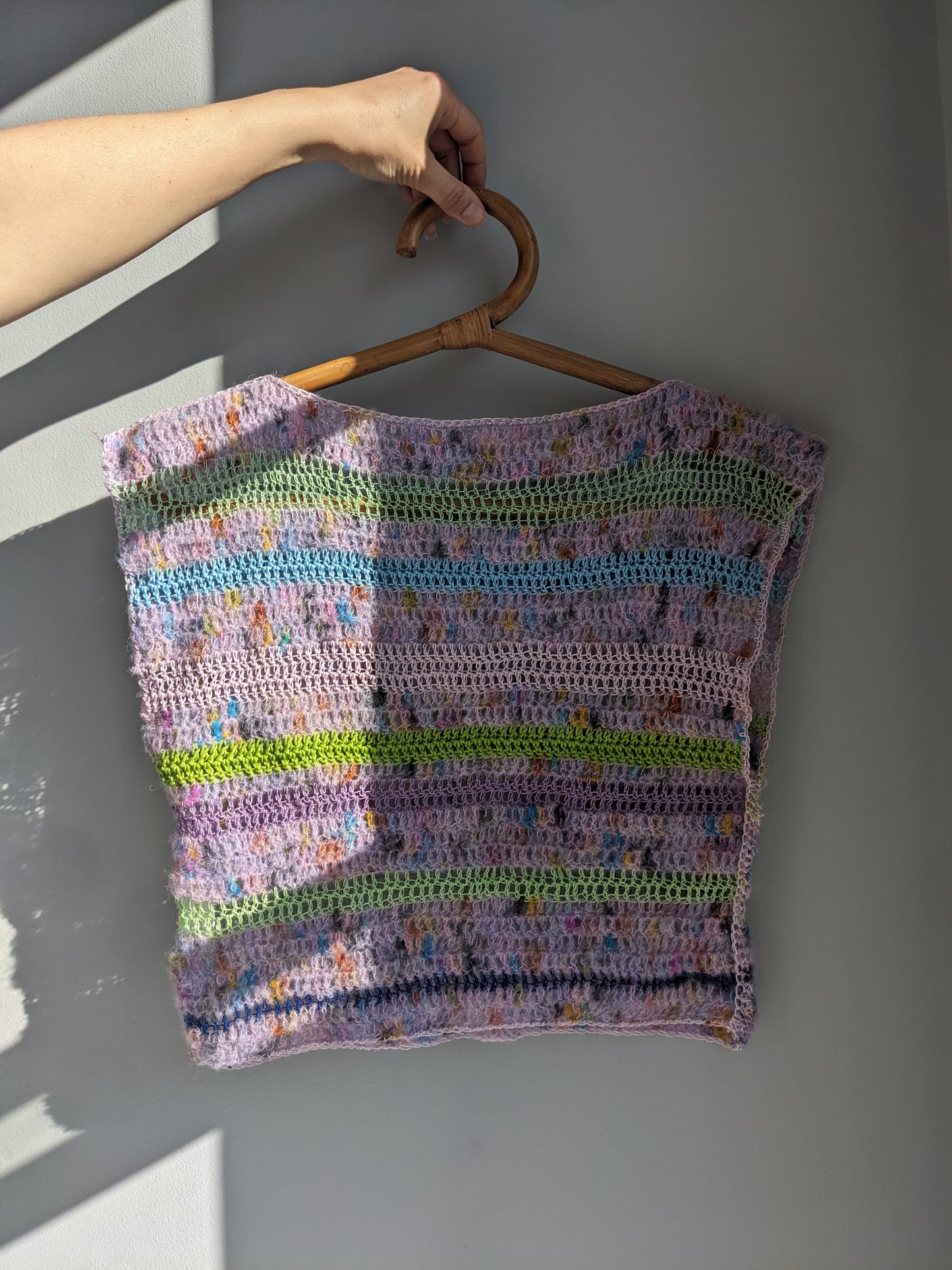 Front of the lilac cloud top, a breezy and  soft top handmade with alpaca, silk and cotton yarns.