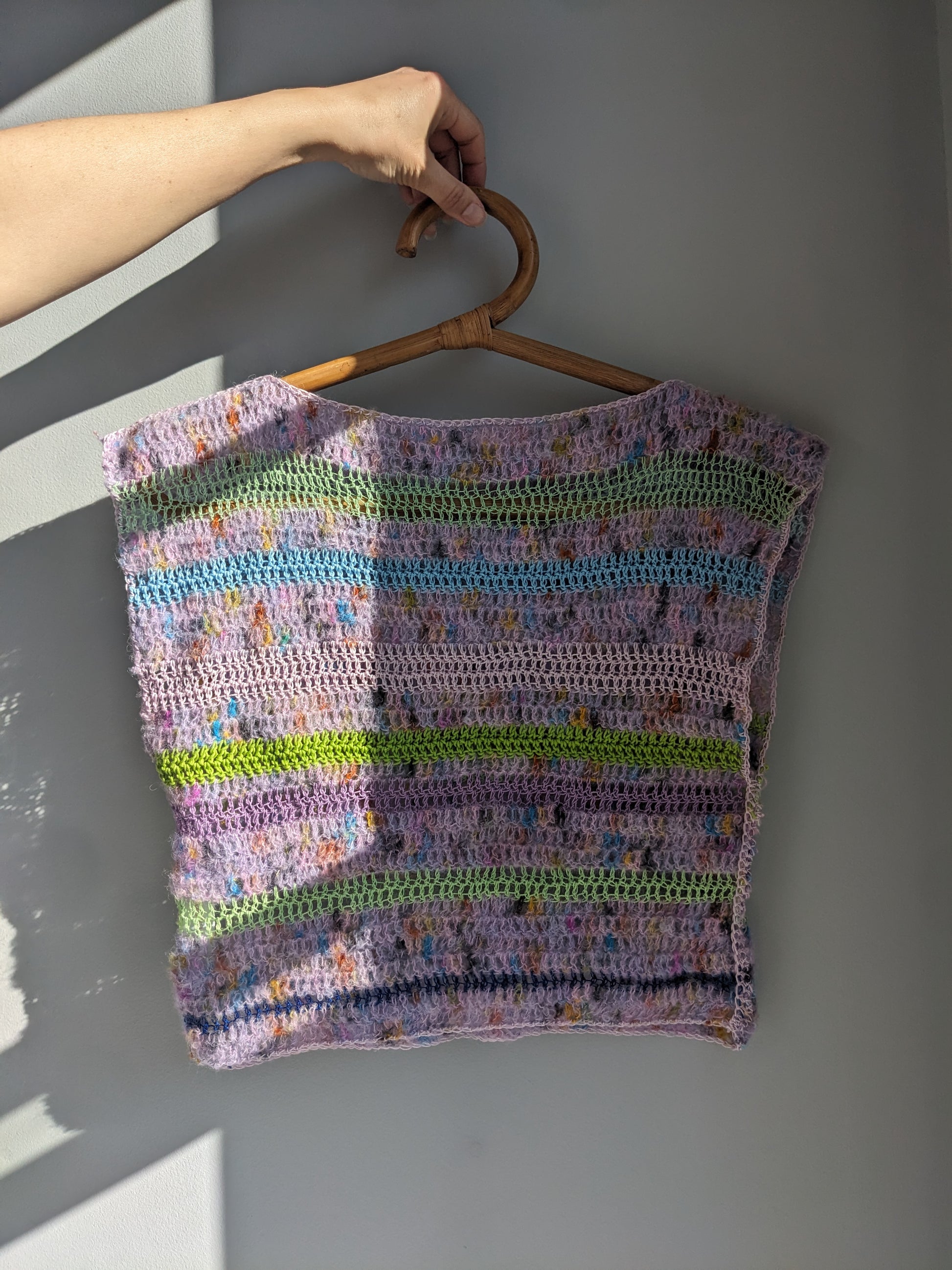 Front of the lilac cloud top, a breezy and  soft top handmade with alpaca, silk and cotton yarns.