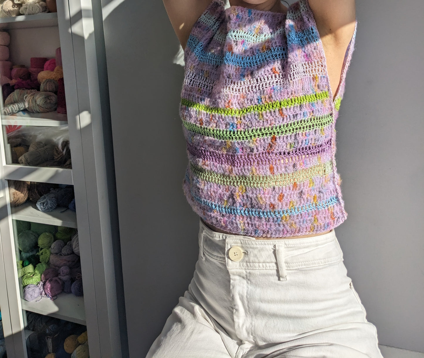 Model wearing the Surena crochet cloud top in lilac.