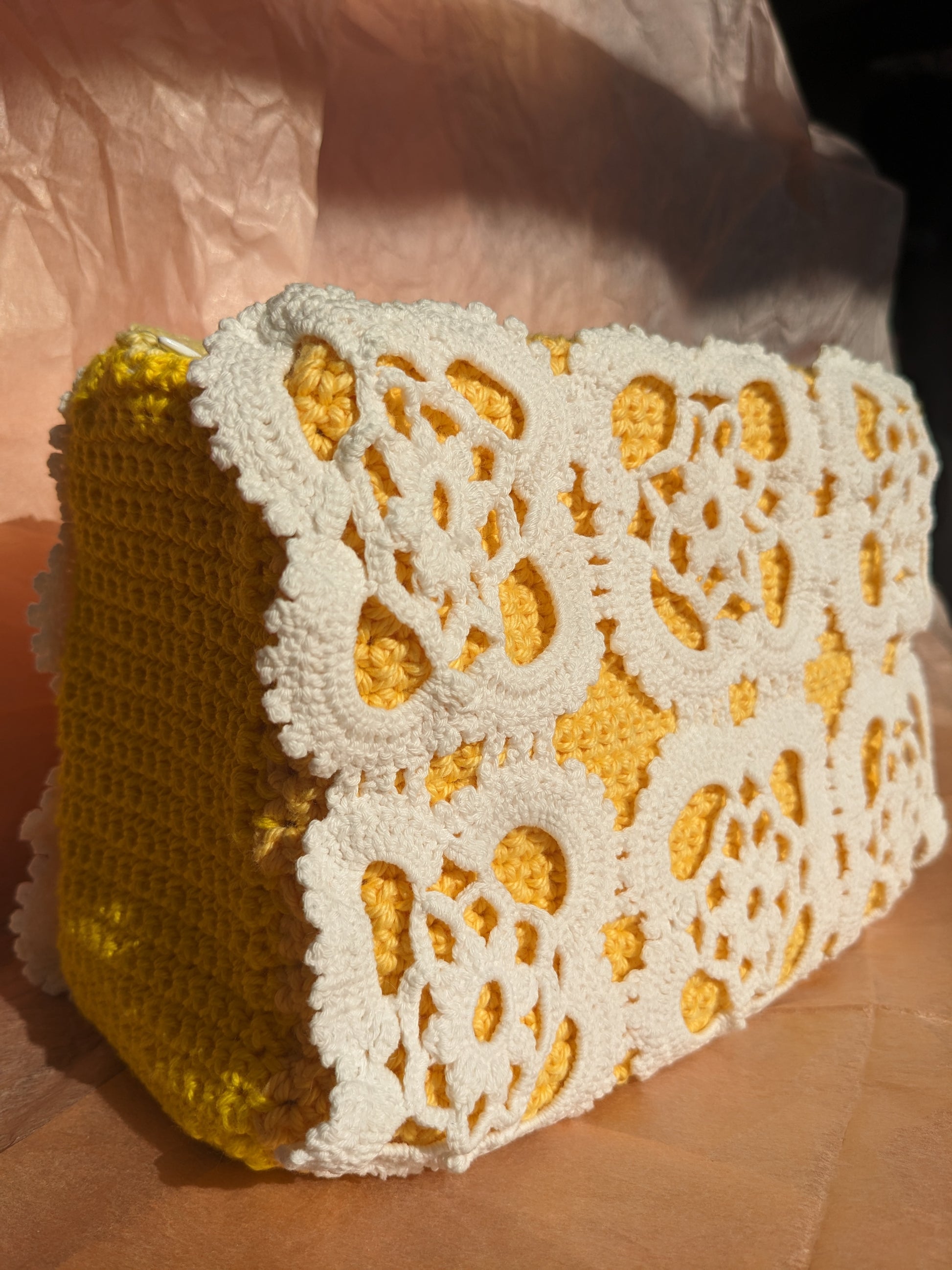 Yellow and white crocheted upcycled vanity bag