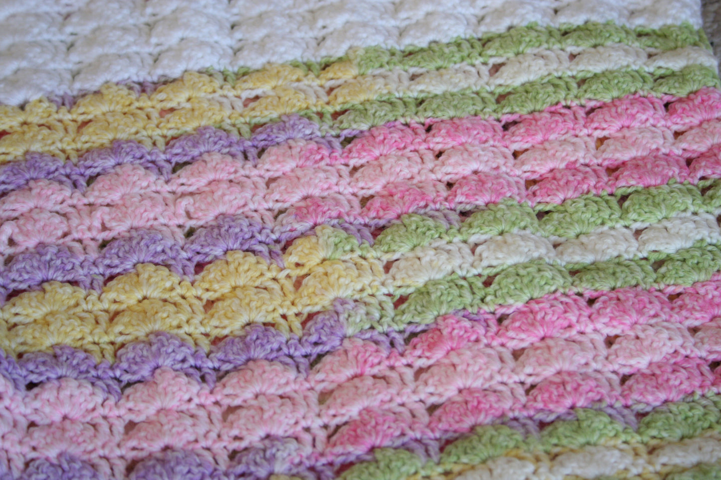 Detail of the crochet stitch pattern in the pastel rainbow mini top