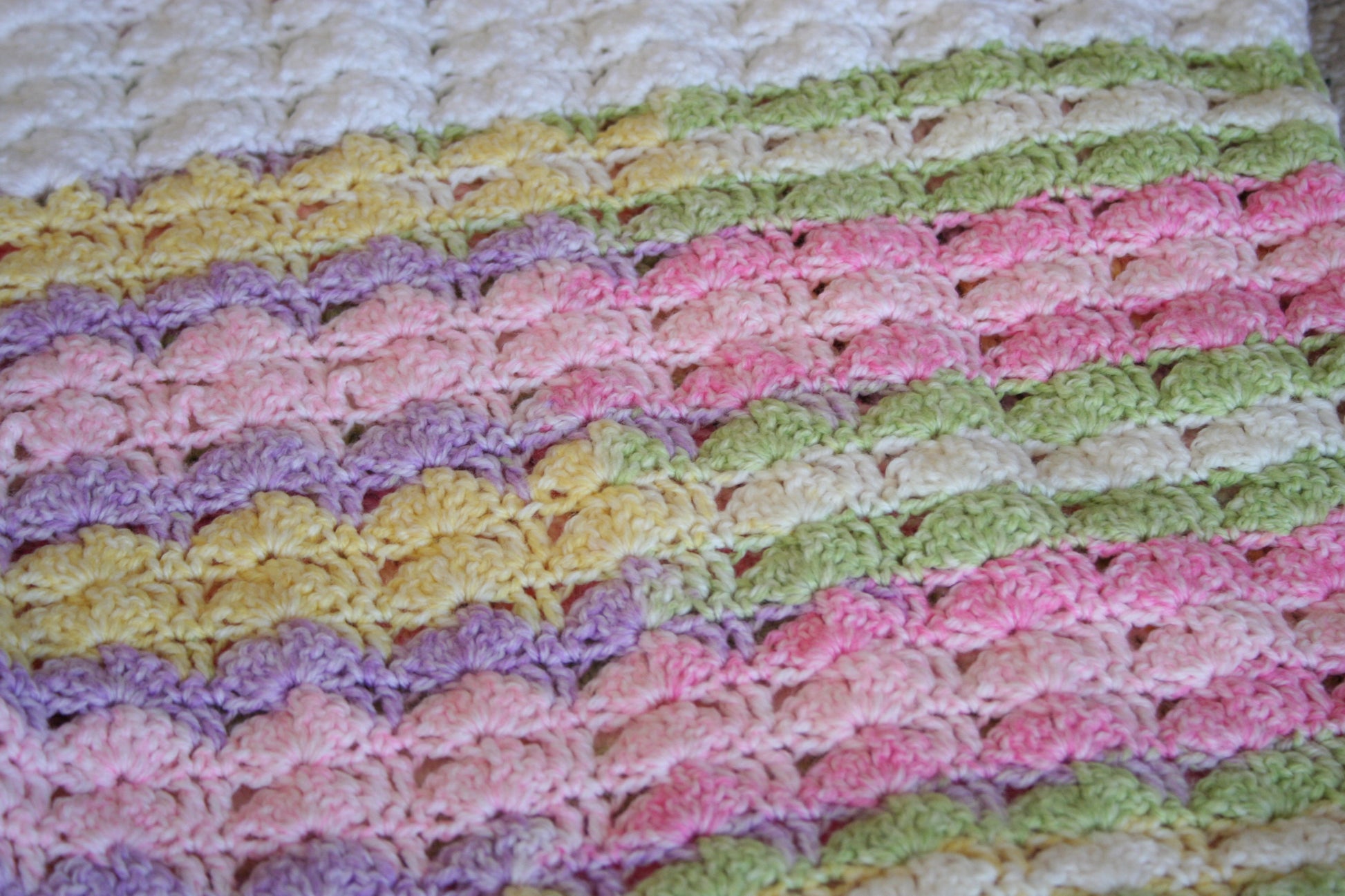 Detail of the crochet stitch pattern in the pastel rainbow mini top