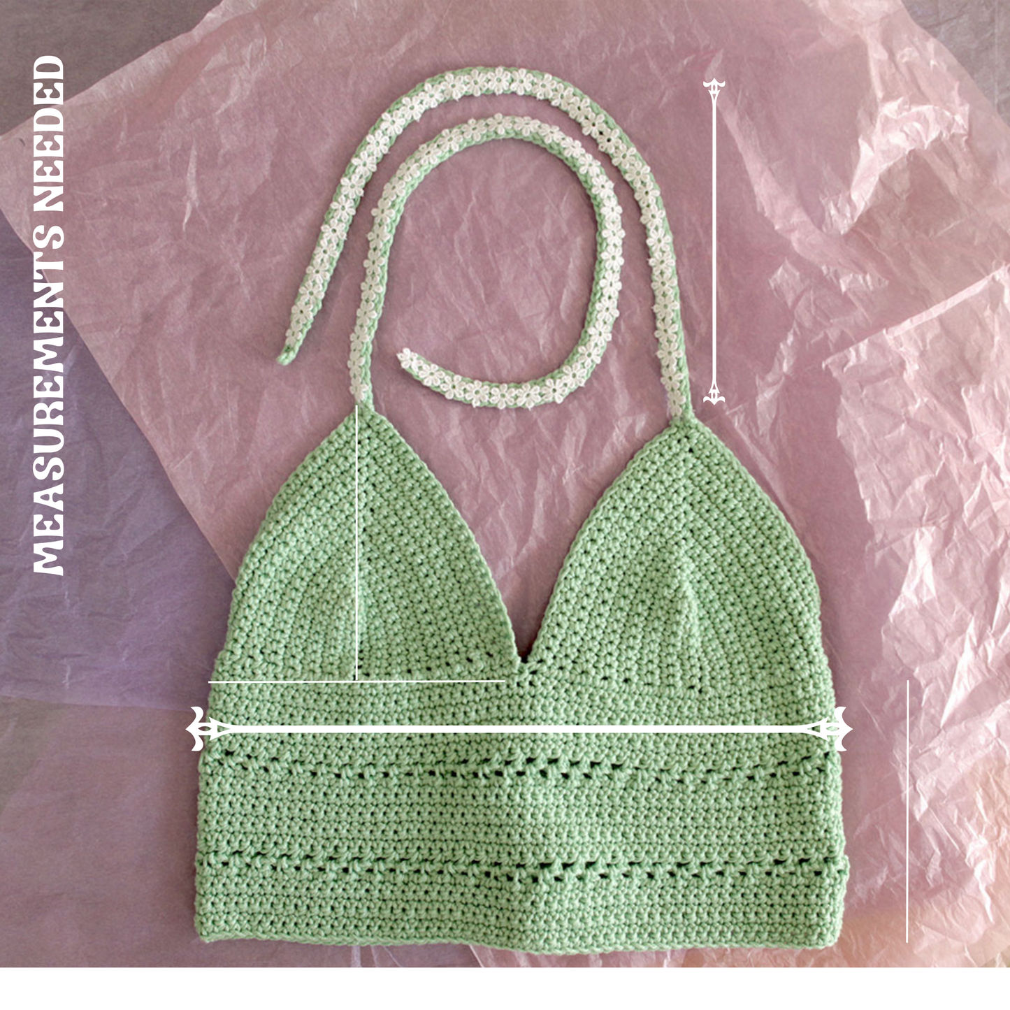 Sureña Crochet Margarita top laid flat with measurements needed, handmade crochet croptop