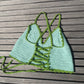 Detail of the Surena crochet croptop in mint and green, handmade with cotton yarn, a summery crochet top