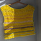 Front of the yellow cloud top, a breezy and  soft top handmade with alpaca, silk and cotton yarns. 