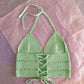 Surena crochet margarita top in mint green and laid flat, a handmade crochet top custom made with cotton yarn.